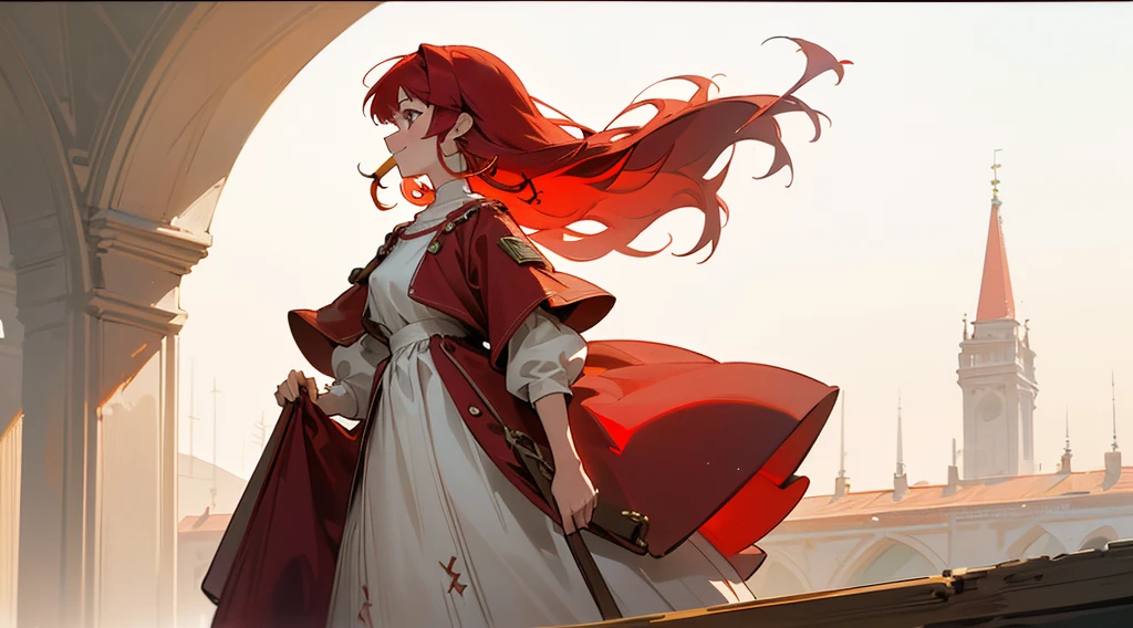 HDR, masterpiece,vintage,RTX,(masterpiece, best quality:1.2),ads modeling, Bangs,profile shot, solo, 1girl,A woman in a red dress, red hair, long haircut, hoop earrings, beautiful smile (oversize clothing,baggy, white plain t-shirt, longline tee:1.2),