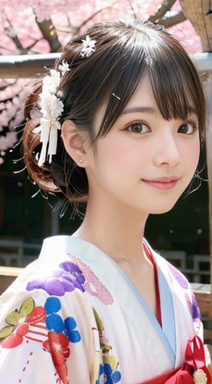 1girl,cowboy shot,Wearing an ornament on the head,Japan Traditional Hair Set,(kanzashi,colorful japanese clothes,Japanese clothes with gorgeous and elegant patterns,highest grade obi,Kyo Yuzen Japanese clothes,Kyotomo dyed Japanese clothes,Furisode,Floral pattern in Japanese style:1.5,white fur shawl),January,There's a little snow left,Best Quality,4K,8K,hight resolution,masutepiece:1.2,Realistic,tre anatomically correct,Use natural light and color,Ultra-realistic capture, Highly detailed,人間の皮膚のhight resolution16kクローズアップ,Skin texture must be natural, Detailed enough to finely identify pores. Skin should look healthy,fine-grained white skin,medium breasts,Sharp Focus,In a uniform tone,Ultra-detailed,extremely detailed eye and face,Beautiful detailed eyes,Beautiful detailed lips,long eyelashes,Photorealistic:1.37,japanes,beautiful and magnificent composition,masutepiece,Attractive,Cute,silky smooth hair,light smile,with round face,Shrine of Japan,white tabi socks,Zori sandals