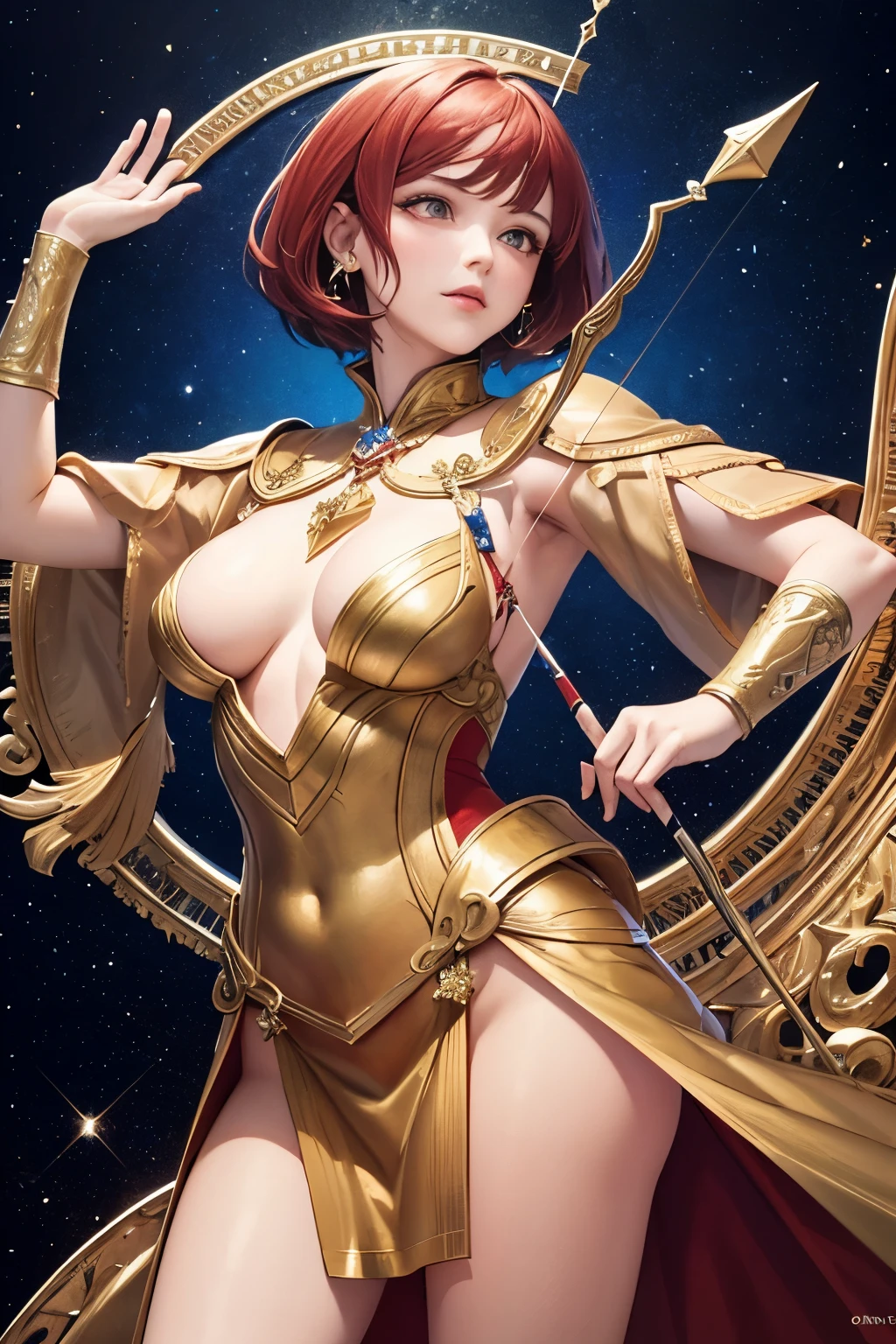 Realistic, (masutepiece, of the highest quality, Best Quality, Official art, Beautiful and aesthetic: 1.2), Very detailed, Fractal Art, Colorful, best detailed, Sagittarius, (Abstract background: 1.5), (1girl in: 1.3), (hawk class),Red hair, Bright eyes, earnest, Combed bag, Short hair, Milky way, huge magical gold Sagittarius astrolabe, dream, Fantasy, gold trim,Beautiful detailed sky, Style and Decoration for Sagittarius, Goddess of Sagittarius, (NSFW:0.8), Delicate meat and high glass guardrail board、bow and arrow
