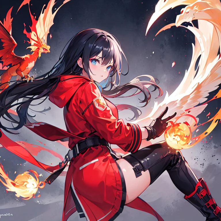 A cool  girl,Long black hair and blue eyes，Long red coat，boots，Phoenix gloves，Dragon and Phoenix Dance，Flame element