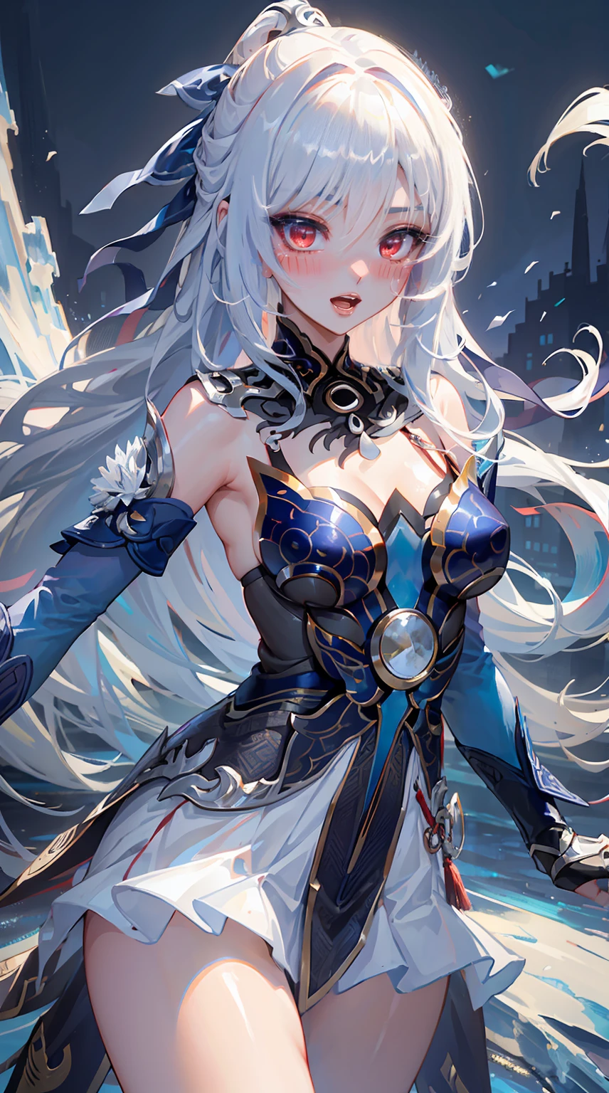 8K, Ultra High Definition, Super detailed, Shiny detailed hair, detailed face, fantasy landscape, solo, looking at viewer, {{best quality}}, {{masterpiece}}, {{ultra-detailed}}, {detailed light}, ultra high quality eyes, detailed eyes, perfect eyes, large eyes, detailed red eyes, white hair, long hair, beautiful, skinny body, white skin, slutty, erotic, blushing, open mouth, ahegao, standing in suggestive