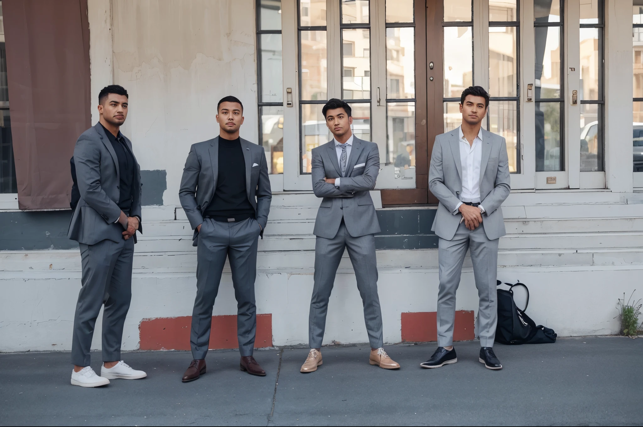 men wearing gray bussiness formal suit and shoe in cloudy day