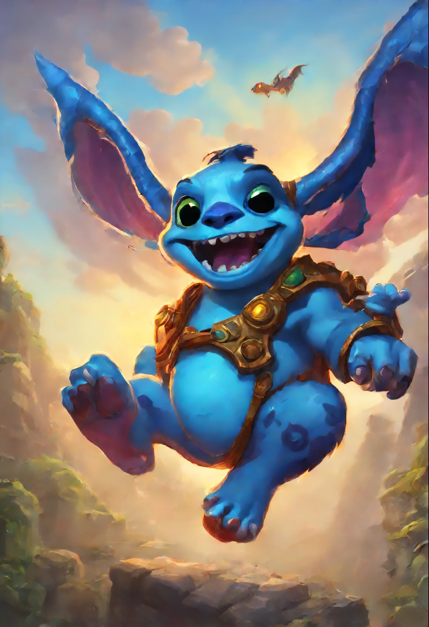 cartoon character blue stitch from the animated series "Lilo and Stitch", Stitch blue alien creature, flying across the sky, From Hearthstone, Hearthstone Card Art, Hearthstone Card Game Cover, The Art of Hearthstone, Hearthstone Card Artwork, Hearthstone Card Game Cover. ", Hearthstone Splash Art, in The Art of Hearthstone style, Hearthstone art, The Art of Hearthstonework, fantasy The Art of Hearthstone style, official splash art, hearthstone official splash art, adorable digital painting