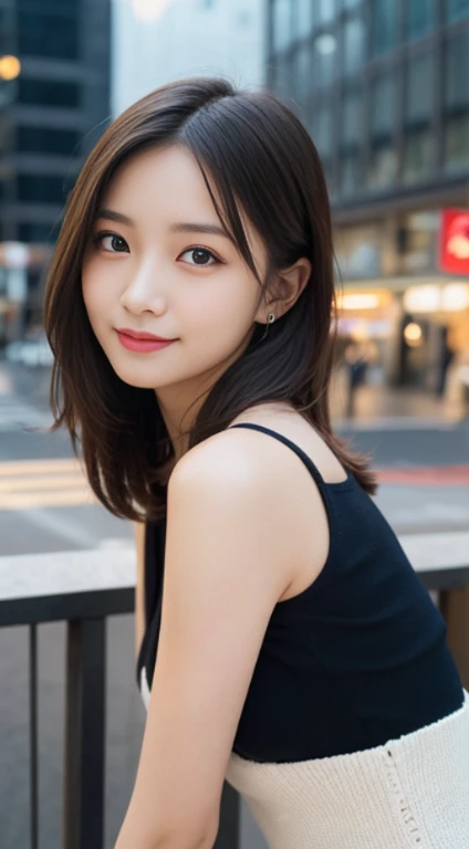 masutepiece, Best Quality, Illustration, Ultra-detailed, finely detail, hight resolution, 8K Wallpaper, Perfect dynamic composition, Beautiful detailed eyes, Winter dress,Medium Hair, Small breasts, Natural Color Lip, Random and sexy poses,Smile,Big city、a 18 year old girl、Midnight、beautifull detailed face、Perfect and beautiful face,Big eyes
