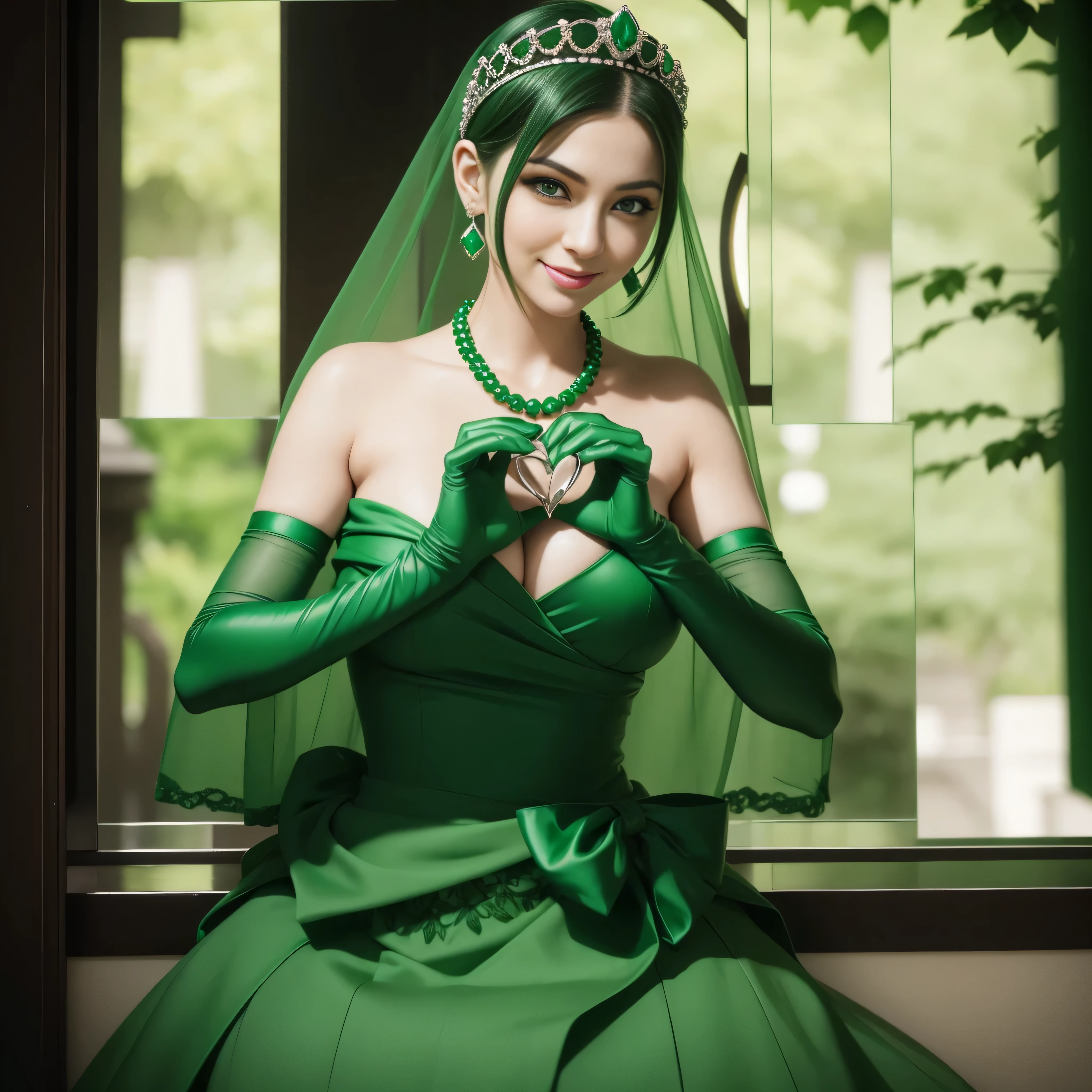 emerald tiara, Green Pearl Necklace, Boyish very short green hair, lipsticks, Japan woman smiling, very short short hair, big breasts beautiful, Green eyes, Long green gloves made of satin material, Green eyes, Emerald Earrings, green vale, 両Heart in the hand, Heart in the hand, Green hair