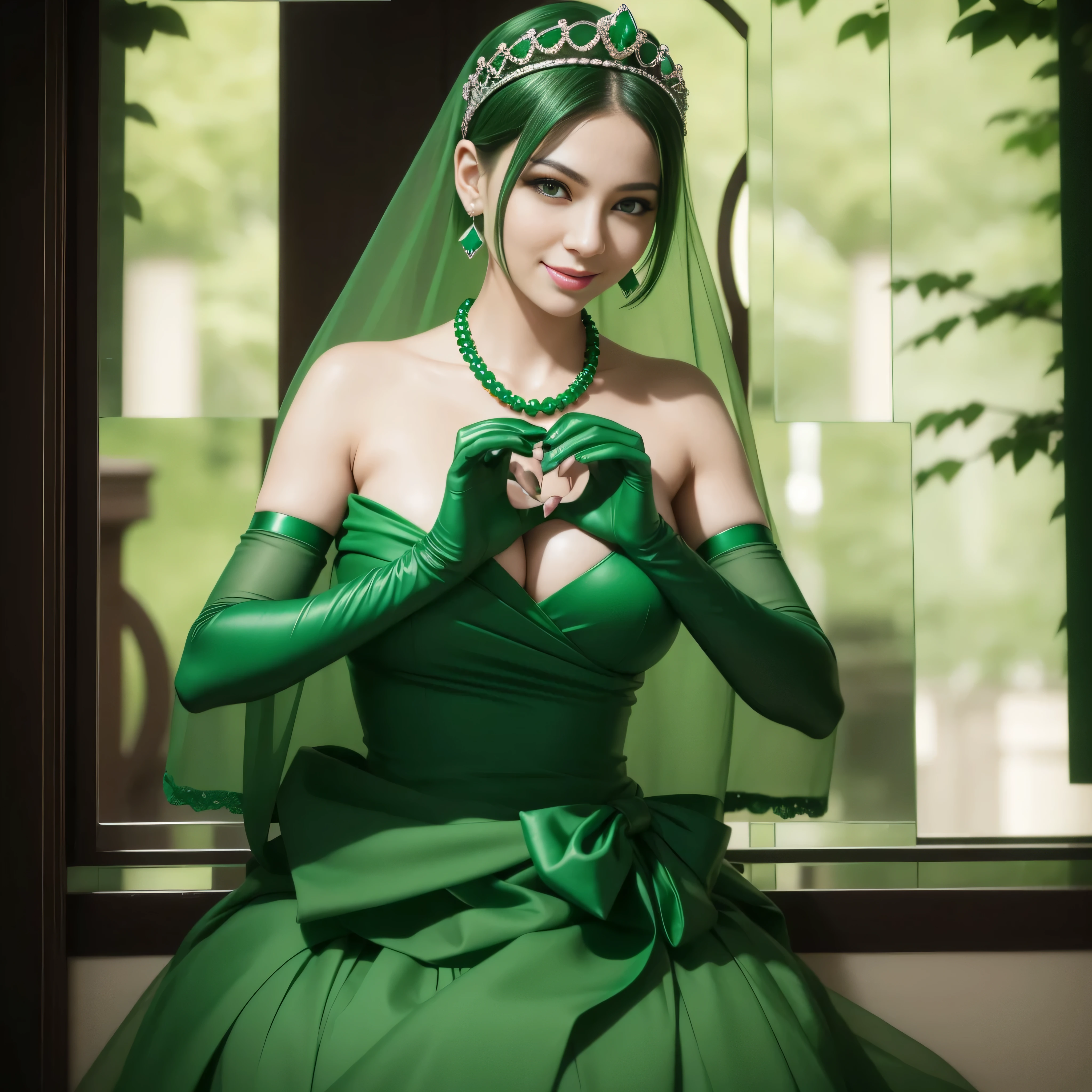 emerald tiara, Green Pearl Necklace, Boyish very short green hair, lipsticks, Japan woman smiling, very short short hair, big breasts beautiful, Green eyes, Long green gloves made of satin material, Green eyes, Emerald Earrings, green vale, 両Heart in the hand, Heart in the hand, Green hair