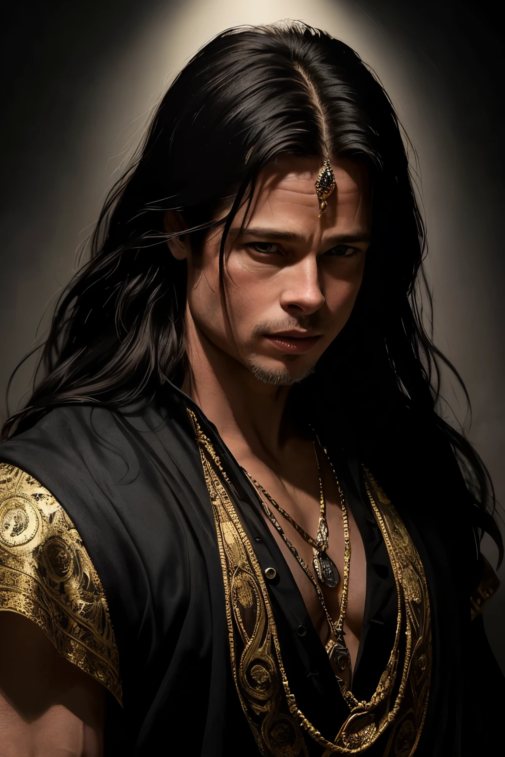 ((best quality)), ((masterpiece)), (detailed), perfect face, Brad Pitt, his face illuminated by a soft, warm glow as if emanating from within, his eyes piercing through the viewer. He is clad in gothic ancient clothes, made of dark, flowing fabrics adorned with intricate gold embroidery and jewels, revealing his toned physique. His skin has an ethereal quality, seemingly translucent in the dim light, and his long, dark hair falls in loose waves around his face, framing it elegantly. The background is shrouded in darkness, adding to the mysterious and otherworldly atmosphere. The lighting casts long shadows across his body, emphasizing his defined features and powerful presence. The overall impression is that of an ancient god, a darkness god, a being who has existed for millennia and has watched humanity rise and fall through the ages.