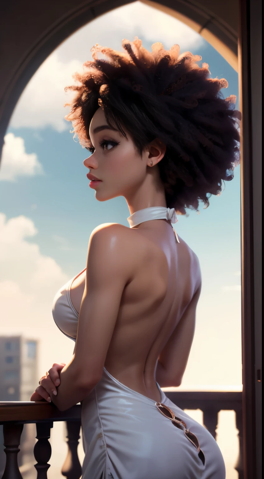 photo of Stormi Maya, RAW, beautiful woman, ((portrait)), ((detailed face:1.2)), (dark afro:1.25), ((detailed facial feature, detailed dark skin, clear skin), (perfect proportioned body), (arched back, Appearance from behind:1.7), (wearing a colorful dress) (high detailed city environment, apartment balcony), (realistic photo, best quality, detailed), (8k wallpaper), (cinematic lighting, dramatic lighting) (sharp focus, intricate)