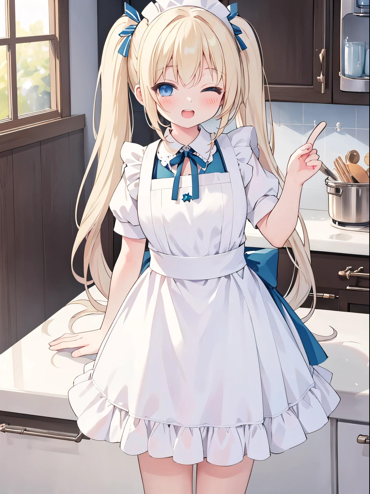 (best quality,4k,very detailed),cute girl,light blond hair,blue eyes,very long twin tails,laughing,double teeth,closed eyes,looking at viewer,lens flare,cute apron,kitchen,sweets