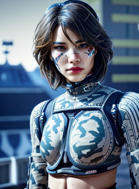 masterpiece, top quality, raw photo, (photorealistic, realistic:1.3), 16K, (sharp focus, extremely detailed:1.4), ultra high res, ((cyberpunk, science fiction:1.3)), (depth of field, professional lighting, professional photo:1.2), (fairly detailed face, intricately detailed skin texture:1.5), ((correct anatomy:1.5)), pov, 1 girl, (cyborg:1.4), (female soldier:1.2), solo, ((from front view:1.4)), (cowboy shot, looking at viewer:1.4), black hair, (short hair, ponytail:1.3), bright eyes, dark eyes, highly detailed skin, beautiful nose, beautiful lips, expressionless, ((partially mechanical body:1.5)), ((camouflaged body armor:1.3)), (muscular:1.3), (slender:1.5), beautiful breast, ((getting on a turret of main battle tank:1.5)), ((holding 1 large blaster cannon:1.2)), (((outdoor, futuristic city, vandalized buildings, ongoing shootout:1.4)))
