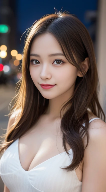 masutepiece, Best Quality, Illustration, Ultra-detailed, finely detail, hight resolution, 8K Wallpaper, Perfect dynamic composition, Beautiful detailed eyes, Winter dress,Medium Hair, Small breasts, Natural Color Lip, Random and sexy poses,Smile,Big city、a 18 year old girl、Midnight、beautifull detailed face、Perfect and beautiful face,Big eyes、Tehepero