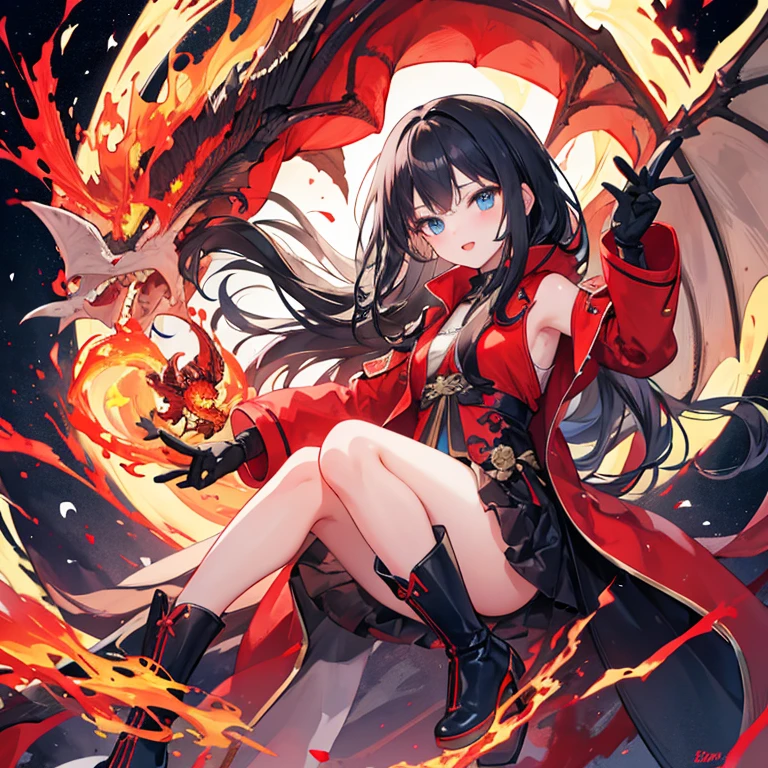 A cool little girl,Long black hair and blue eyes,Long red coat,boots,Phoenix gloves,Dragon and Phoenix Dance,auspicious sign,Dragon and Phoenix Chengxiang