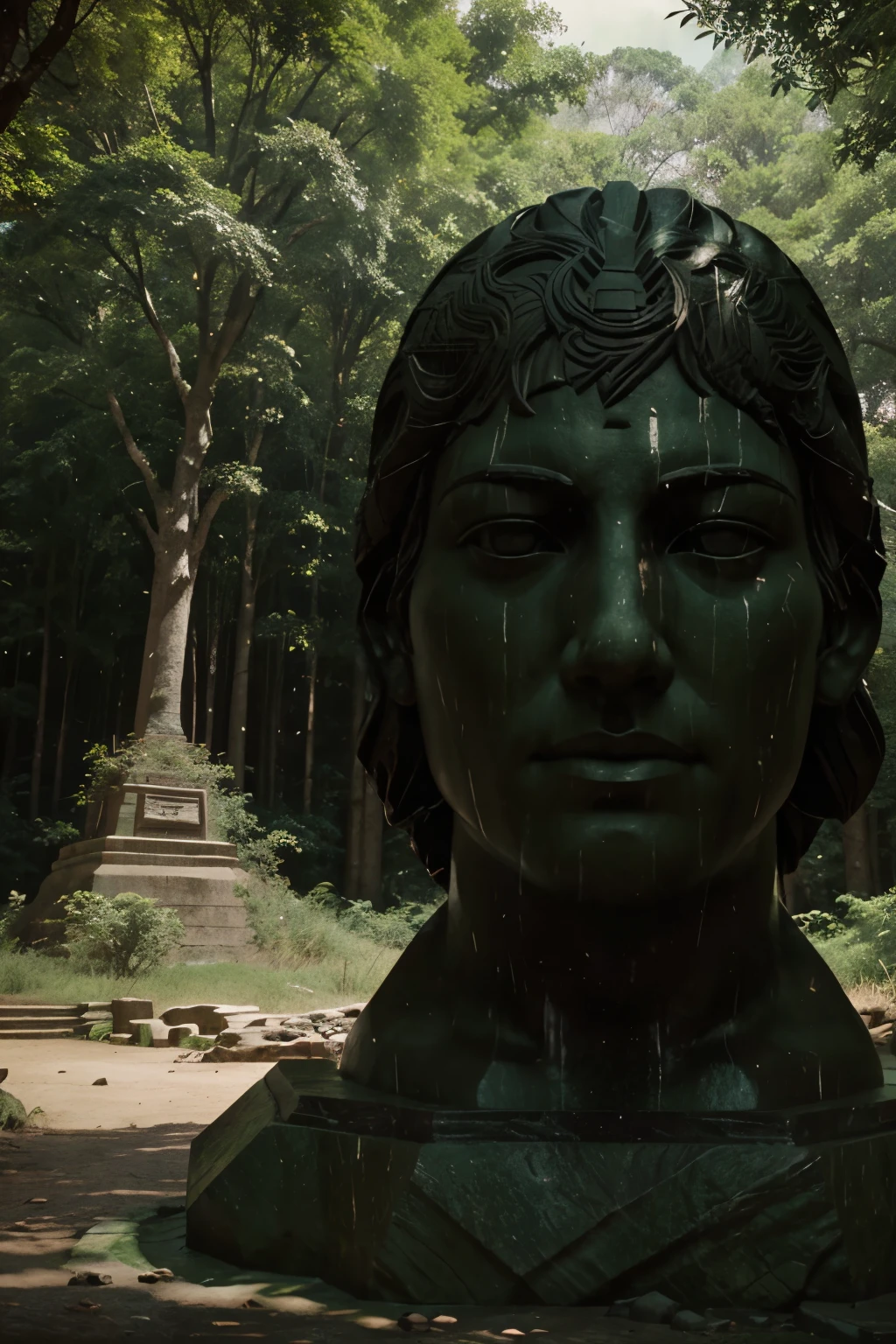 there is a large stone statue in the middle of a forest, stone eyes, movie still from 'thor', neo-andean architecture, face centered, playstation 2 screenshot, concept image, by Jung Park, the lost city of atlantis , face shown, google street view, 3 dmax, psytrance