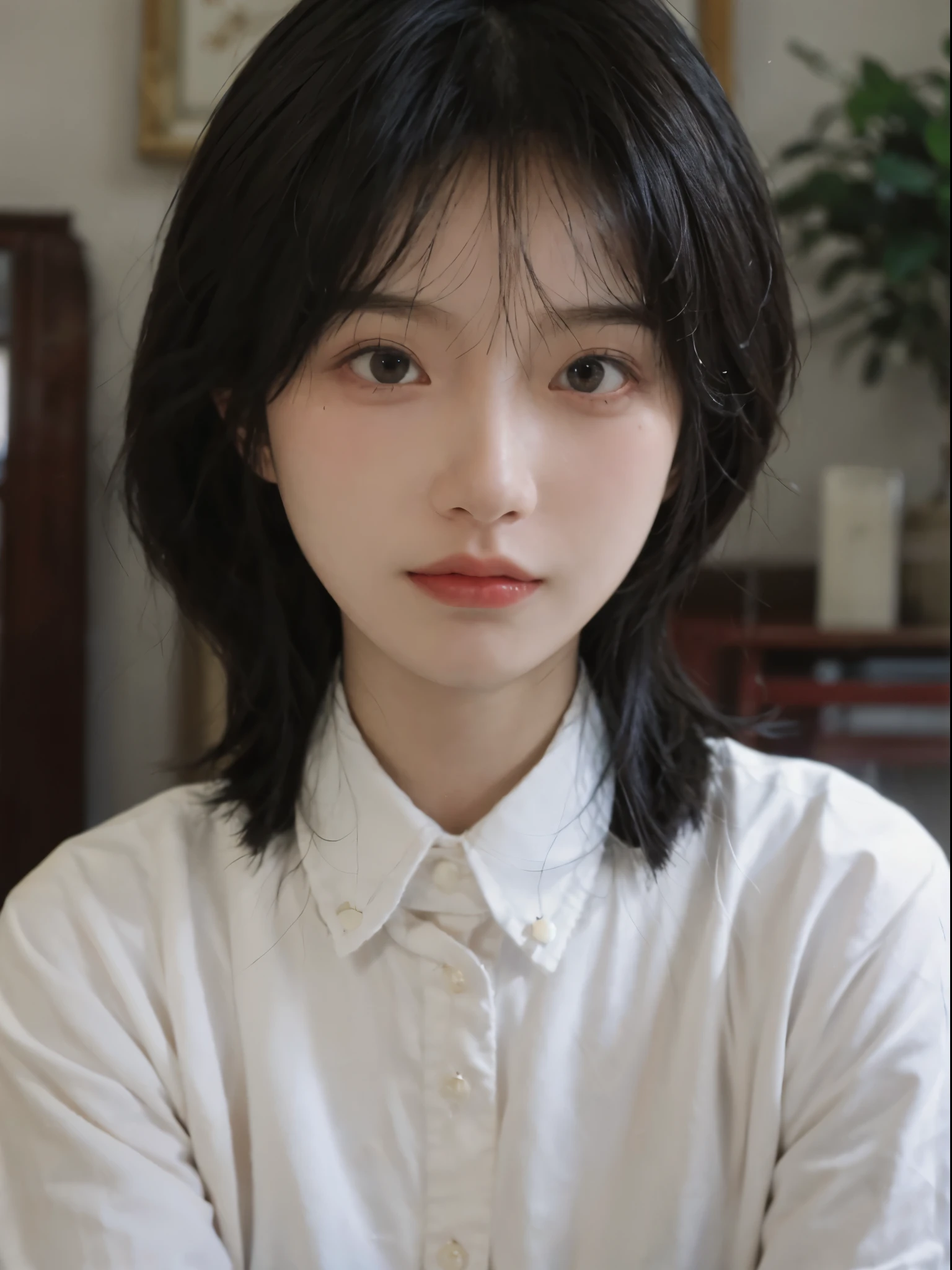 Best quality, 超高分辨率, (realistically:1.4),There is a woman wearing a sweater and a white shirt, 年轻Cute Korean face, 有着Cute and delicate face蛋, a cute young woman, she has a cute face, Cute Korean face, pale milky white porcelain skin, Cute and delicate face, ulzzangs, thick collar, Baiji haircut hairstyle