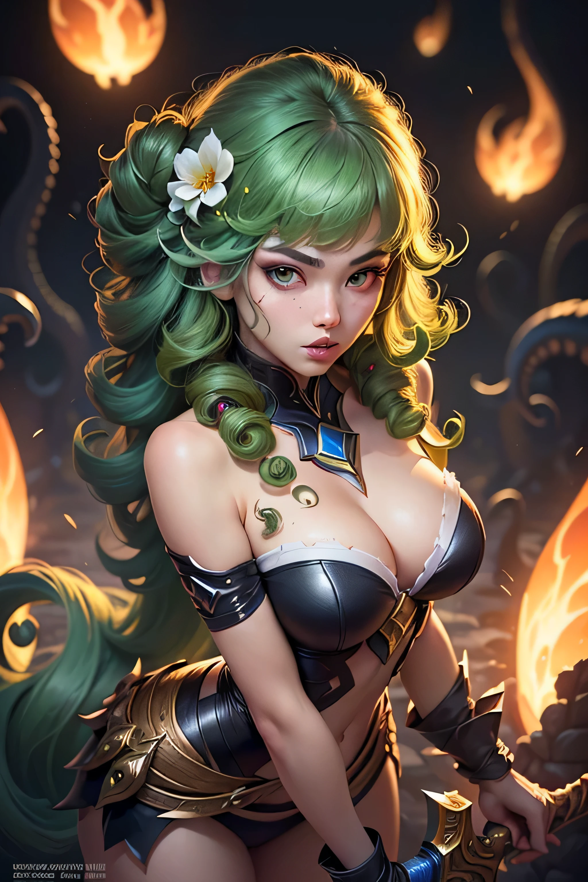 ((best quality)), ((masterpiece)), (detailed), woman with green hair, holding a sword, (Artgerm inspired:1.2), (pixiv contest winner:1.1), (octopus goddess:1.3), (Berserk art style:1.2), close-up portrait, goddess skull, (Senna from League of Legends:1.1), (Tatsumaki with green curly hair:1.2), card game illustration, thick brush, HD anime wallpaper, (Akali from League of Legends:1.1), 8k resolution