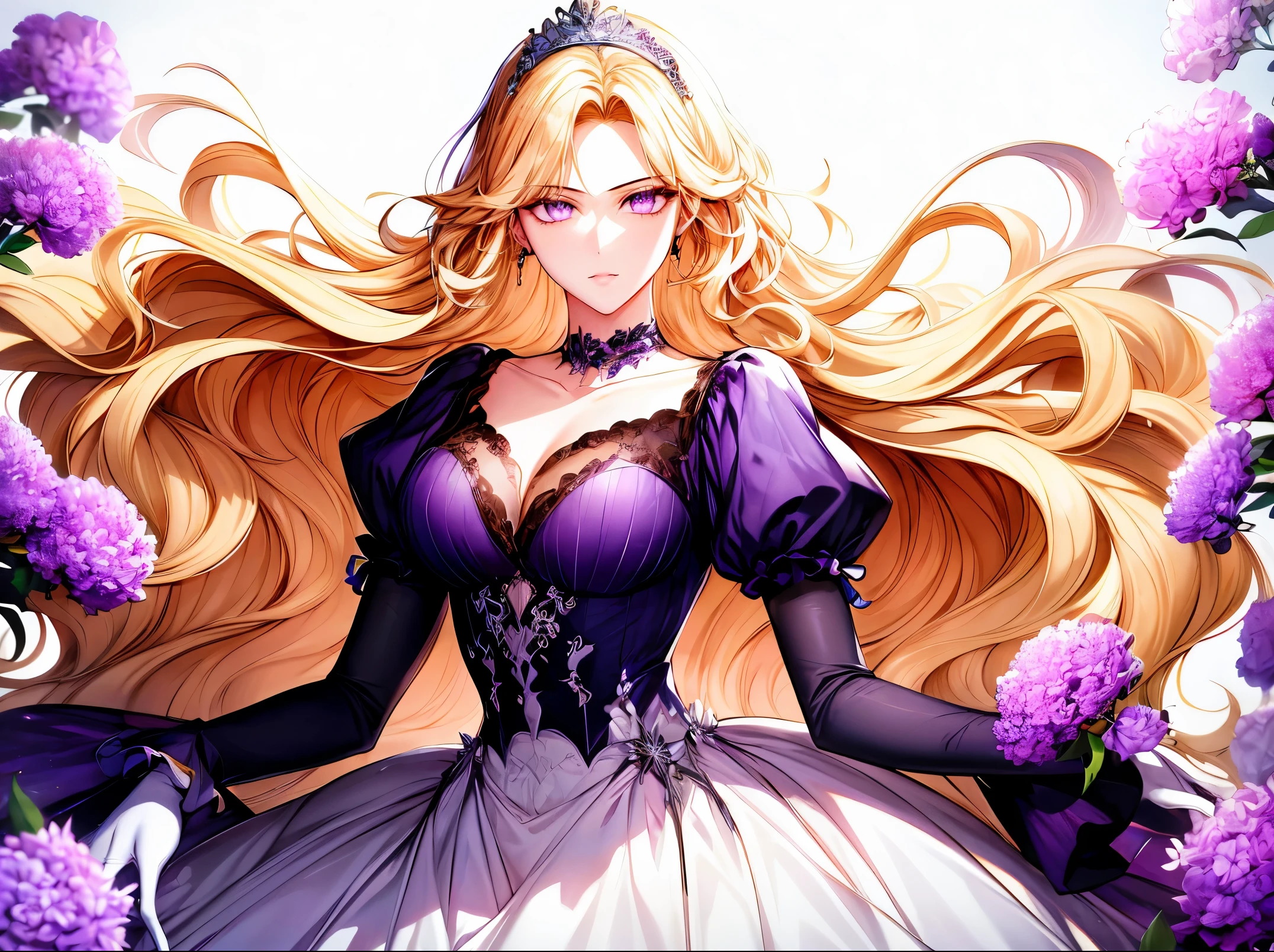 shoujo style, floral background, romance manhwa, 1girl, blonde hair, solo, long hair, flower, dress, tiara, white dress, gloves, long sleeves, choker, purple eyes, white gloves, purple bow, purple flower, wavy hair, bow, jewelry, looking at viewer, white background, closed mouth, collarbone, puffy sleeves, upper body, parted bangs, very long hair, purple dress, frills, bangs, cowboy shot, dynamic pose, dynamic angle, dynamic cut