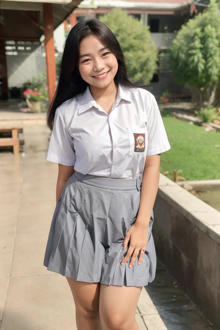 female, 1 beautiful indonesian girls, wearing indonesian high school uniform, indonesian high school uniform grey skirt, smile, dynamic pose, Fullbody, curvy body, good hand angle, white shirt, Eye-Level Shot, 135mm, bokeh, god rays, reflection light, masterpiece, best quality, highres, HD, 8k, textured skin, high quality, UHD