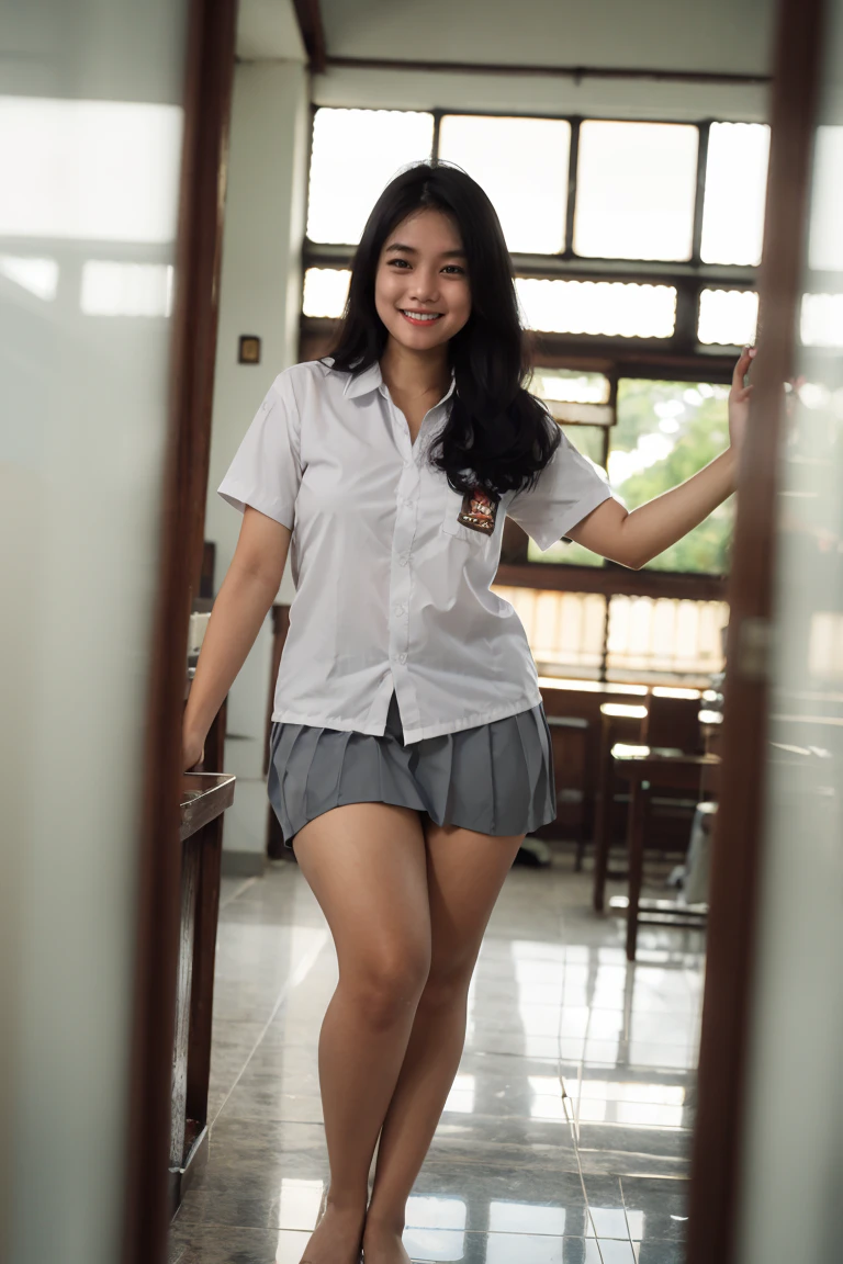 Beauty Indonesian woman in student uniform, beauty big breast, show pubic hairs, vivid colors, bokeh