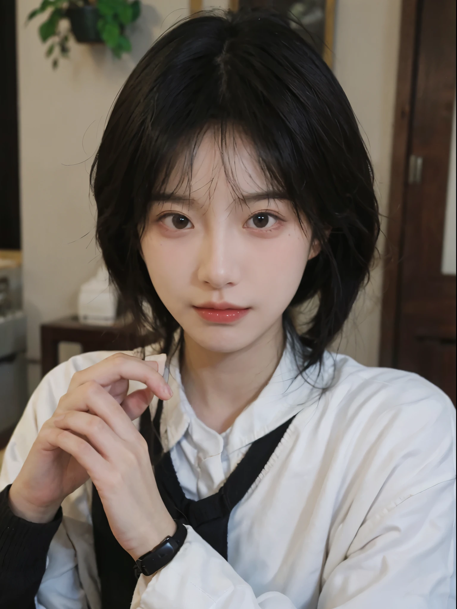 Best quality， 超高分辨率， （realistically：1.4），There is a woman wearing a sweater and a white shirt, 年轻Cute Korean face, 有着Cute and delicate face蛋, a cute young woman, she has a cute face, Cute Korean face, pale milky white porcelain skin, Cute and delicate face, ulzzangs, thick collar, Baiji haircut hairstyle