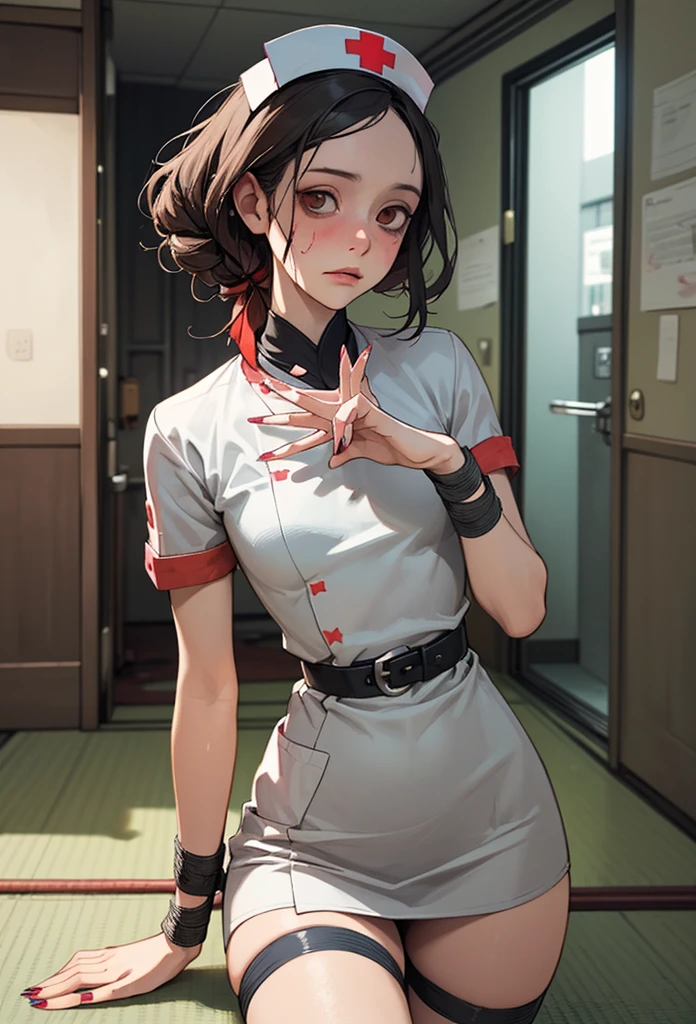 (Detailed illustrations,Very detailed and detailed drawing,Delicate lines with slow and rapid,Realistic texture expression),[Color tressed main line],Inorganic concrete room[Night Hospital],(Japan adult female[28 year old](Zombie Nurse))Hair put together [SKINNY((Small breasts))][pale skin](sickly look),[[bandaged]Bondage Fashion],[Return blood],(Fine and beautiful skin expression [Transparency]),[Meticulously drawn hair],(完璧な手のdetaileds [Beautiful fingers without breakdowns [Beautiful nails]]),(Perfect Anatomy(Perfectly proportioned))[[Full body like]],[Ideal color coordination(Accurate simulation of light-material interactions)],([Precision Detail](detaileds,high-detail)),[[Pale and gentle colors]][Visual art that conveys a sense of narrative] [[Eros in the Natural Body]].