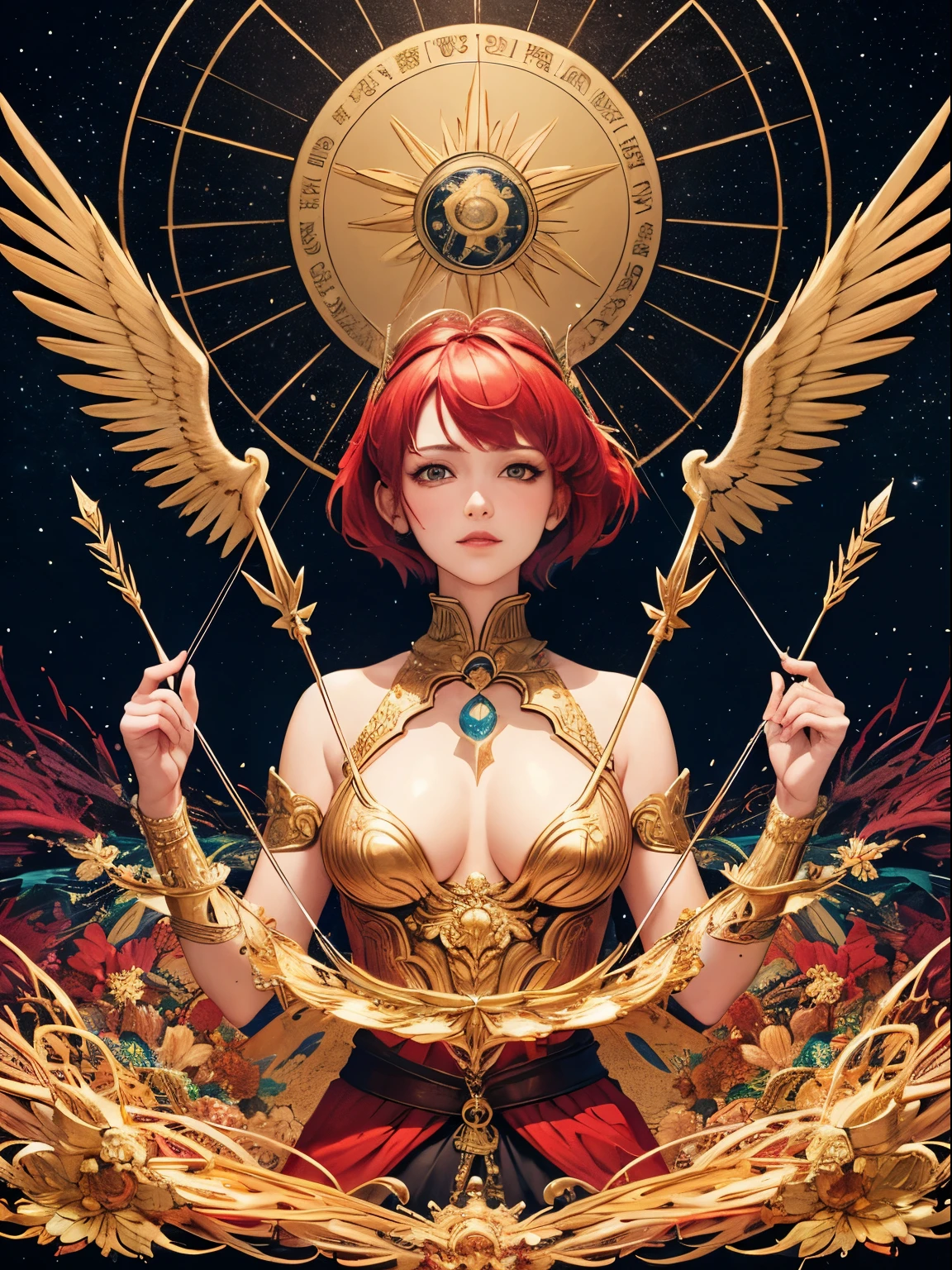 Realistic, (masutepiece, of the highest quality, Best Quality, Official art, Beautiful and aesthetic: 1.2), Very detailed, Fractal Art, Colorful, best detailed, Sagittarius, (Abstract background: 1.5), (1girl in: 1.3), (eagle class),Red hair, Bright eyes, earnest, Combed bag, Short hair, Milky way, huge magical gold Sagittarius astrolabe, dream, Fantasy, gold trim,Beautiful detailed sky, Style and Decoration for Sagittarius, Goddess of Sagittarius, (NSFW:0.8), Delicate meat and high glass guardrail board、the bow、Glowing arrows