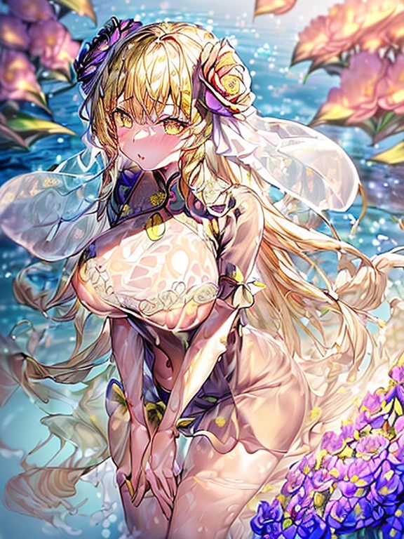 ((Finest quality)),(超A high resolution),(Ultra-detailed細),(Meticulous portrayal),((the most picturesque works of art),Ultra-Precision Art,The art of astounding depiction,Fantasyart:1.5, ((((Beautiful flowers々:1.5))), ((Body eroded by flowers:1.3)),Glamorous body:1.3,fancy background effects、masterpiece、Fancy details、(NSFW 1.1), ((1girl in)), ((masutepiece)), ((Highly detailed:1.3)), In crystal clear water,beautiful woman entering the lake, ((long yellow hair)), Wet hair, Wearing a light transparent dress, clothed bathing, steam, (colors floating in water々Nahana:1.8), Early morning light, Ivory Gold AI, windows, Crepscular lighting, 、Lace sheer underwear、very very gigantic boobs、See-through nipples、Areola showing through、lace and string shorts.、princess carry,Sexy lingerie with lace and strings,See-through sexy lingerie,Transparent lingerie、translucent dress、pearlsescent、pearls、Sexy Harness、Sexy garter belt、Sexy Stockings、Well equipped,intimate, rose garden、Multicolored roses、lake with floating roses、Lying down、Open legs、Spread your legs、Open thighs、Immersion in water、Wet body、splash water、ゴージャスNahanaの装飾、大きNahana、stylish hair、Moon, lantern, Night, Solo, playing in the water, Water, hair flower, flower, Outdoors, skyporn, full Moon, Rain, lantern, wet clothes, skyporn, wet hair (((masutepiece),(the Extremely Detailed CG Unity 8K Wallpapers),Best Quality,Cinematic lighting,Detailed background,Beautiful detailed eyes,Bright pupils, (extremely delicate and beautiful),(Beautiful and detailed eyes description), Ultra-detailed,masutepiece,)),((Yellow eyes))、