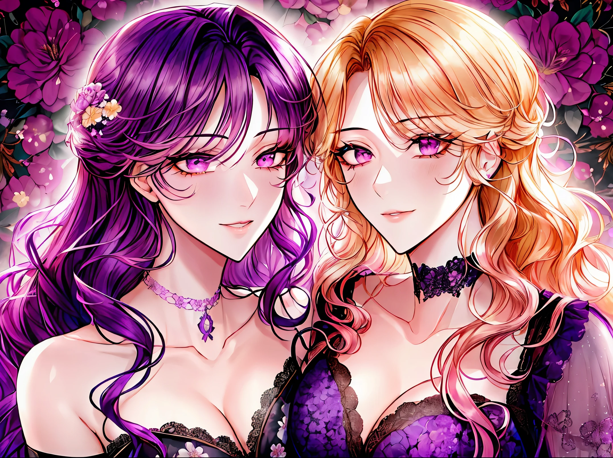 Kuroume_1024, ((shoujo-style, floral background, romance manhwa)), (close up), (2girls:1.2), purple hair, blonde hair, couple, long hair, flower, dress, thick eyeblows, purple flower, wavy hair, closed mouth, collarbone, cleavage, smile, face focus, beautiful face, detailed eyes,