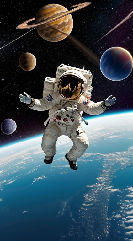 Create a Illustration featuring a (1astronaut floating on space) space-themed, ethereal, cosmic vibes, planets) joyful and vibrant digital art illustration of a cheerful astronaut in a whimsical, outer space setting. This artwork will be perfect for a sticker that spreads joy and positivity
((best quality)), ((masterpiece)), (detailed), perfect face