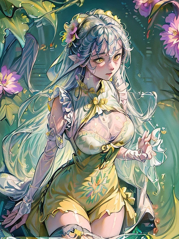 ((Finest quality)),(超A high resolution),(Ultra-detailed細),(Meticulous portrayal),((the most picturesque works of art),Ultra-Precision Art,The art of astounding depiction,Fantasyart:1.5, ((((Beautiful flowers々:1.5))), ((Body eroded by flowers:1.3)),Glamorous body:1.3,fancy background effects、masterpiece、Fancy details、(NSFW 1.1), ((1girl in)), ((masutepiece)), ((Highly detailed:1.3)), In crystal clear water,beautiful woman entering the lake, ((long yellow hair)), Wet hair, Wearing a light transparent dress, clothed bathing, steam, (colors floating in water々Nahana:1.8), Early morning light, Ivory Gold AI, windows, Crepscular lighting, 、Lace sheer underwear、very very gigantic boobs、See-through nipples、Areola showing through、lace and string shorts.、princess carry,Sexy lingerie with lace and strings,See-through sexy lingerie,Transparent lingerie、translucent dress、pearlsescent、pearls、Sexy Harness、Sexy garter belt、Sexy Stockings、Well equipped,intimate, rose garden、Multicolored roses、lake with floating roses、Lying down、Open legs、Spread your legs、Open thighs、Immersion in water、Wet body、splash water、ゴージャスNahanaの装飾、大きNahana、stylish hair、Moon, lantern, Night, Solo, playing in the water, Water, hair flower, flower, Outdoors, skyporn, full Moon, Rain, lantern, wet clothes, skyporn, wet hair (((masutepiece),(the Extremely Detailed CG Unity 8K Wallpapers),Best Quality,Cinematic lighting,Detailed background,Beautiful detailed eyes,Bright pupils, (extremely delicate and beautiful),(Beautiful and detailed eyes description), Ultra-detailed,masutepiece,)),((Yellow eyes))、