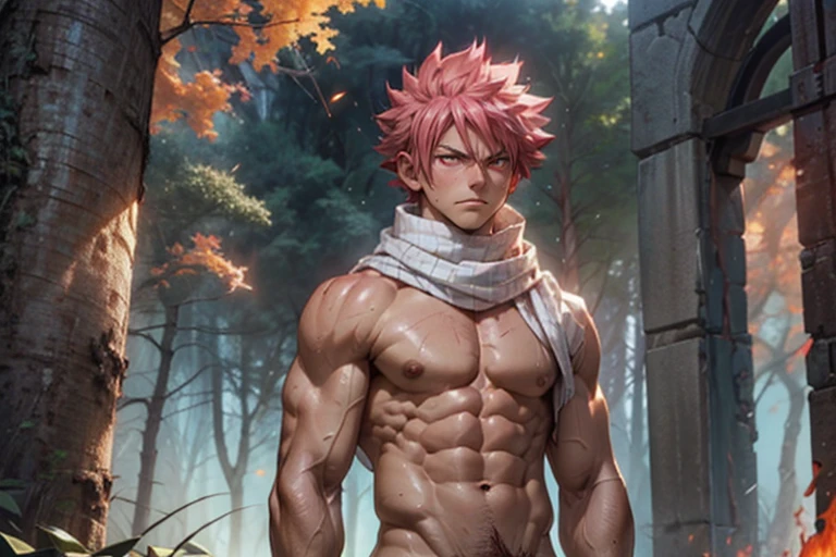 masterpiece, best quality red eyes, game cg, 2boys men, (naked:1.2) rugged face, duo, male focus, looking at viewer, upper body, Natsu Dragneel natsu_dragneel, pink hair, red eyes, (shirtless naked), toned muscle, pectorals, 8 abs, toned legs, naked, slightly bulged, (large fire:1.5) and ember (particle effects:1.2), detailed, dynamic lighting, well lit, (fire on skin:1.2), (skin burning:1.2), (eyes on fire:1.2), ( penis and scrotum), ((view from far distance)) ((((white ))scarf))