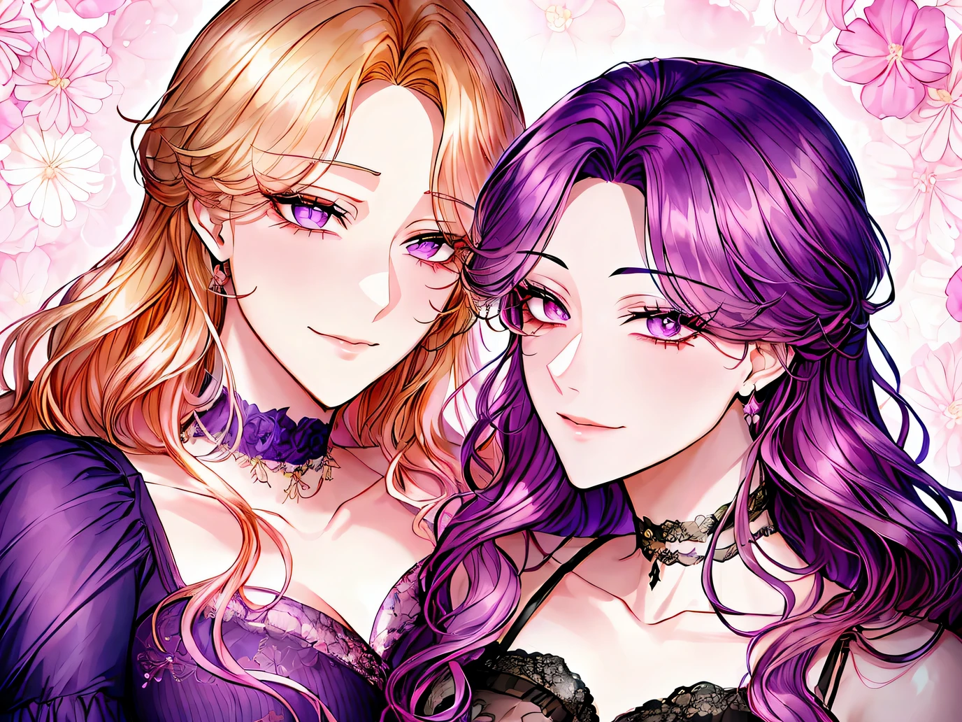black plum_1024, ((shoujo-style, Floral background, Romance Manfa)), (close up), (2girls:1.2), Purple hair, Blonde hair, a couple, Long hair, flower, Dress, Thick eyebrow, purple flower, Wavy Hair, Closed mouth, 鎖骨, cleavage, Smile, Face Focus, Beautiful face, Detailed eyes,
