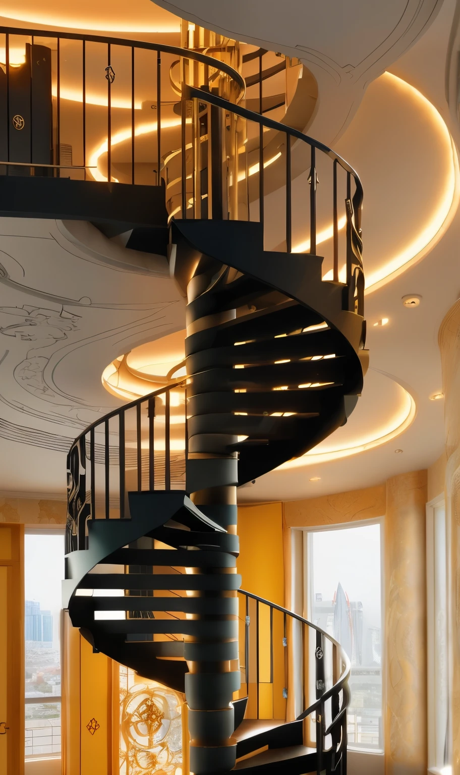 French-German image of spiral staircase in building with clock, Inspired by Dugald Sutherland McColl, panoramic anamorphic, inspired author：Anna Fossley, video static, high quality architectural art, tilt shift zaha hadid background, inspired by Zaha Hadid, cinematic architectural scale, author：Anna Fossley, Inspired by Ned M. Seidler