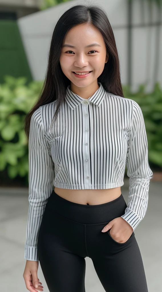 there is a woman that is smiling and looking at the camera, mai anh tran-gemma chen-katherine lam-christy ren merged, wearing a long sleeve white and black striped shirt and leggings, petite, diminutive, entire body visible, full body, hyperrealistic, best quality, 8K, real human skin, masterpiece, extremely intricate, detailed eyes, detailed face, detailed body, exaggerated features, pronounced features, fujifilm