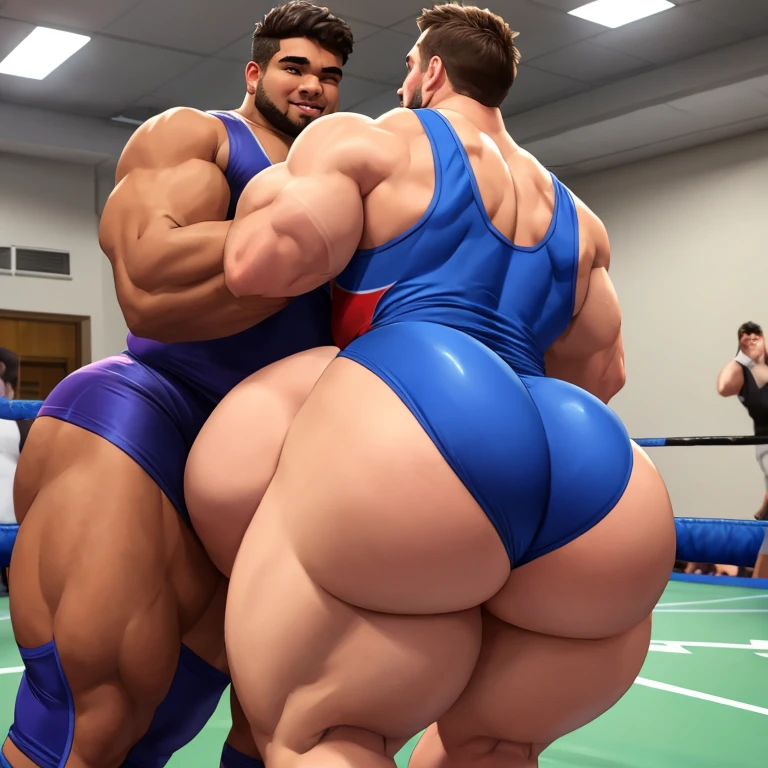 Two college frat boys in wrestling singlets, huge ass, comically massive ass, tight wrestling singlet, large boy booty, bubble butt, man bubble butt, thick, thicc, thick thighs, thick ass, athletic, fit, round ass, full ass, wide ass, wrestling singlet, big bulge