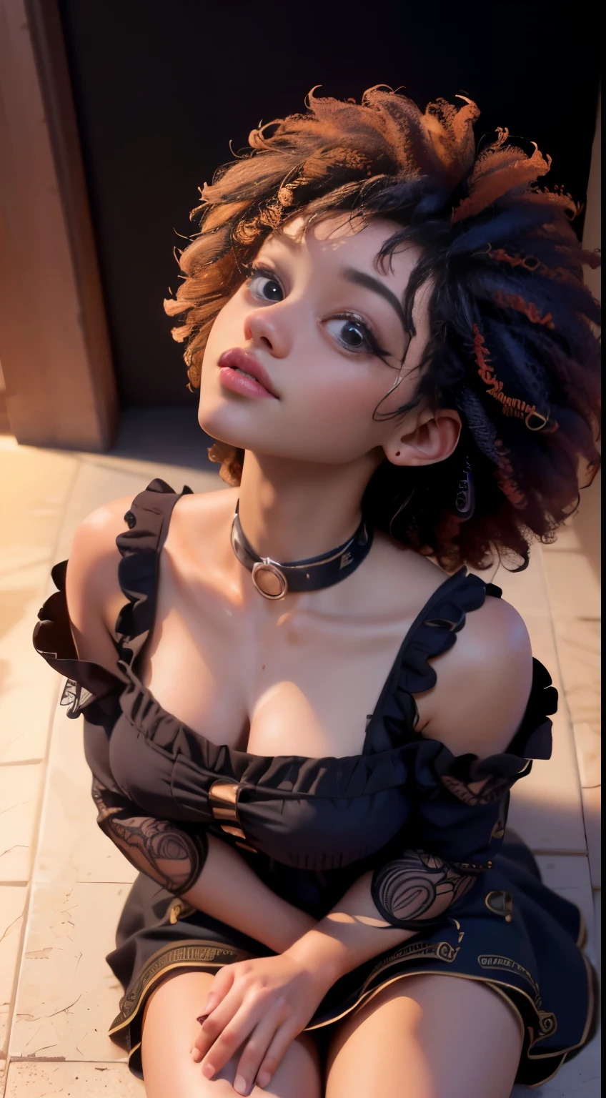 photo of Stormi Maya, RAW, beautiful woman, ((portrait)), ((detailed face:1.2)), (dark afro:1.25), ((detailed facial feature, detailed dark skin, clear skin), (sitting on floor, looking up at viewer, pov:1.7), (wearing a colorful dress) (high detailed city environment, apartment balcony), (realistic photo, best quality, detailed), (8k wallpaper), (cinematic lighting, dramatic lighting) (sharp focus, intricate)