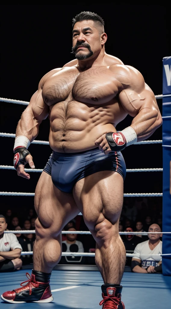 the only person，male people，Muscle wrestler，Muscle hair reaches，Stout wrestler，jpn，uncles，45岁Middle age男子，short detailed hair，short detailed hair细节，Wrestling boots，Sneakers body image，Panorama characters，WWE ring，WWE American professional wrestling，spotlight lights，cel shadow，visions，white colors，white colors简短，aged 40，short mustache,Middle age，Tattoos are，Fingerless gloves，Wheat-colored skin，oilly skin，Dark skin，Show off your chest muscles，Sumo wrestler，body builder，short mustache，Wide sideburns，Pronounced abs，ssmile，chocolate complexion，outdoor background，