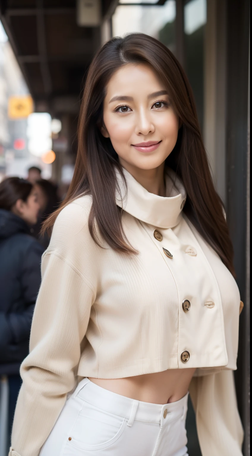 top-quality, ​masterpiece, hight resolution, Photorealsitic, profetional lighting, ighly detailed, depth of fields, tre anatomically correct, sharp, ‎Classroom, ((one beautiful women)), ((35 year old)), A big smile,Female sexy, Detailed face, beautidful eyes, bangss, large breasts of good shape, trench coat,Light Brown Straight Hair, Faint lips, Warm muffler,White pants,Bustling street,full bodyesbian,photographed,