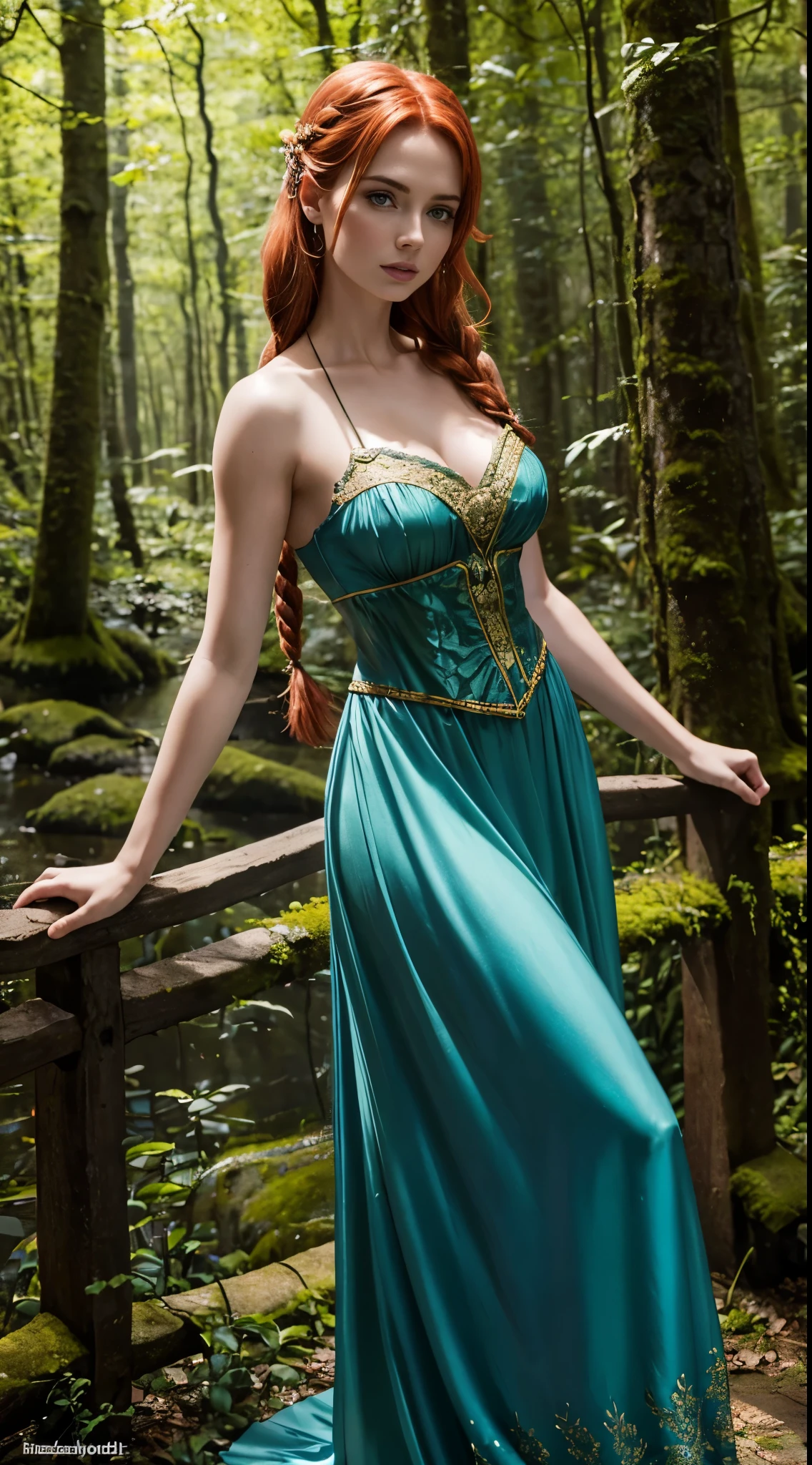 An enchanting photo of a tanned woman with mesmerizing green-blonde hair, adorned with a dazzling array of multicolored hairpins. The cascading curls frame her face as she stands among majestic, gnarled trees, evoking a surreal and ethereal atmosphere. The woman dons a translucent, flowing dress with intricate brushstrokes, showcasing her expressive and stylized anatomy. The skillful lighting creates depth of field and volumetric light, imparting a cinematic quality to the scene. This captivating concept art seamlessly blends medieval futurism with medieval illumination styles, incorporating alchemical equipment and elements inspired by Jean Fouquet, Mobius, and Hieronymus Bosch. The dark fantasy-infused architecture and portrait photography create an immersive and otherworld, illustration, photo, architecture, portrait photography, dark fantasy, cinematic