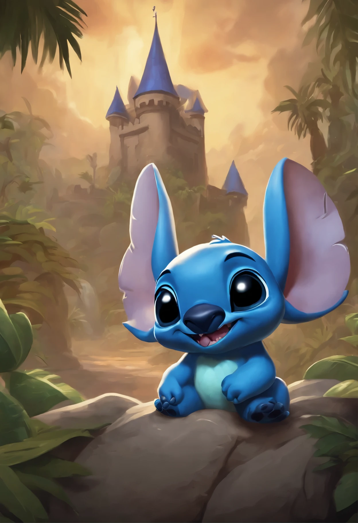 Lilo and Stitch, close-up portrait of Stitch, blue alien creature, Stitch is a blue-colored alien genetic experiment. Stitch is about 3 feet tall (or 90 cm). It looks a lot like a koala,     It has short legs with curved claws, Long, Almost rabbit ears, round nose and oval black (At least, when he looks in visible light) Eyes.
  Cartoon character "Lilo and Stitch" sitting on a stone with a castle in the background, Hearthstone Card Game Cover. ", Hearthstone Card Art, The Art of Hearthstone, The Art of Hearthstone, Hearthstone Card Artwork, in The Art of Hearthstone style, fantasy The Art of Hearthstone style, The Art of Hearthstonework, hearthstone official splash art, The Art of Hearthstone style, Hearthstone Splash Art, official splash art