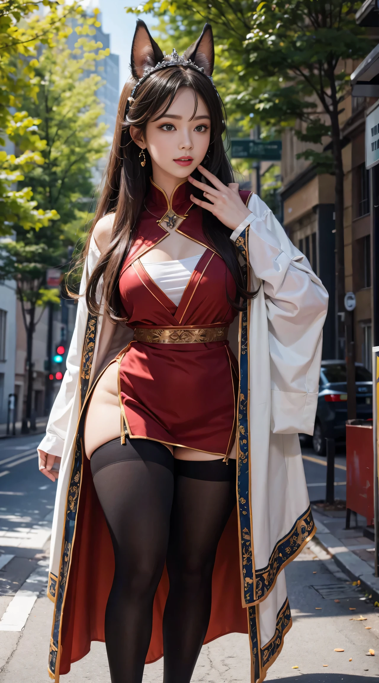 独奏,1 Orcs, Super tall,The temperament of a queen,tmasterpiece,best qualityer,Hyper-detailing,Full body illustration,Fine and detailed eyes and detailed face) garments:There are animal ears,Mature female orcs,cruel grin,There are clothes on the upper body,Wrap the whole body,The lower body is wearing animal skin shorts,Pantyhose, Show stockings,allure:Tall,Plump body,Wide buttock,Large,Strong,There are muscles,Very high,Go ahead,(big assa:1.3),(thick thight:1.3),Taller than a tree,Clouduilding, red clothes