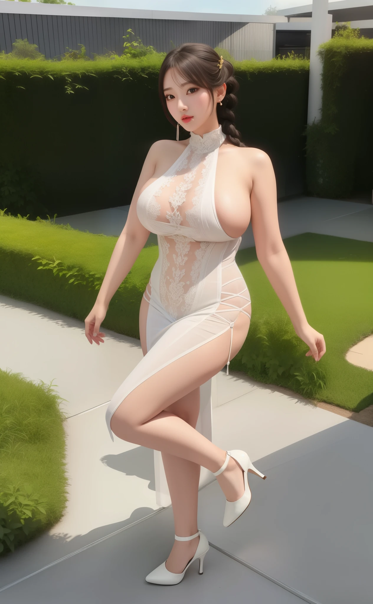 An Idol k-pop girl, (cute face:1), (lewd face:1), braid hair, intricate face details, detailed face, golden ratio face, ((huge breasts:1)), ((large breasts:1)), ((giant breasts:1)), ((big breasts:1)), ((slim waist:1)), ((big butt:1)), ((big hip:1)), ((big thighs:1)), ((thick thighs:1)), ((intricate hands:1)), ((detailled hands:1)), ((intricate feets:1)), ((detailled feets:1)), (polished skin:1,9), (sweaty:1,9), (thicc:1), (erotic:1), (perverted:1), (she is sexually aroused:1), (full body:1), (look at viewer:1), 64K, UHD, HDR, global illumination, (high quality, high detailed, hyper detailed, extremely detailed), photo realistic, ultra realistic, art photo, (clarify the details, detailed parts body), intricate artwork masterpiece, trending on artstation, massive mommy milkers, (horny face:1), tight clothes, walking, posing, plants fences, soil, white bricks floor, gray concrete floor, grass, white open mesh knit dress, white heels