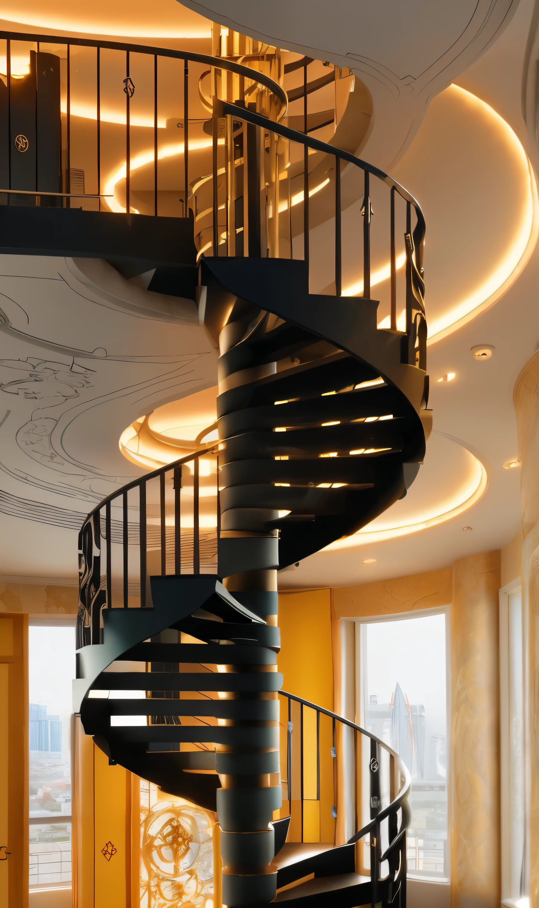 Franco-German image of spiral staircase in building with clock, Inspired by Dugald Sutherland McColl, panoramic anamorphic, inspired author:Anna Fossley, video static, high quality architectural art, tilt shift zaha hadid background, inspired by Zaha Hadid, cinematic architectural scale, author:Anna Fossley, Inspired by Ned M. Seidler