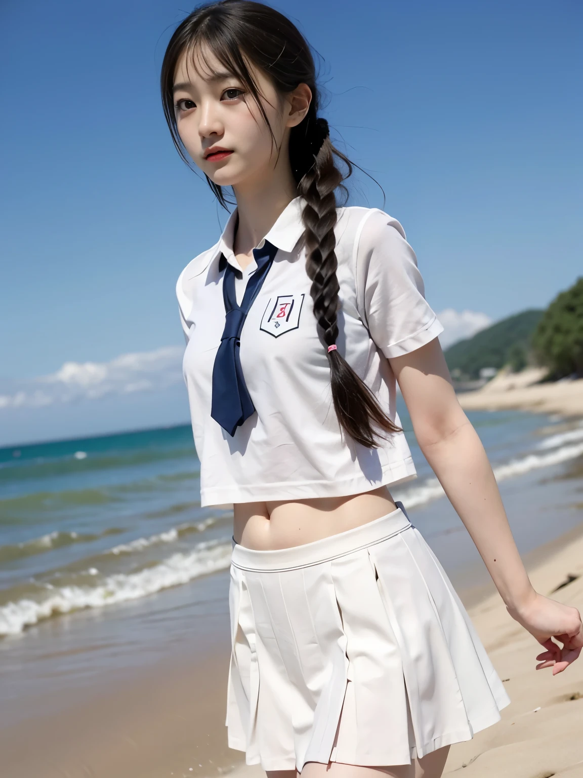 Cute girl crouching on the beach。Slim abs。beauty legs。japanese gal。Schoolniform。cute smile face