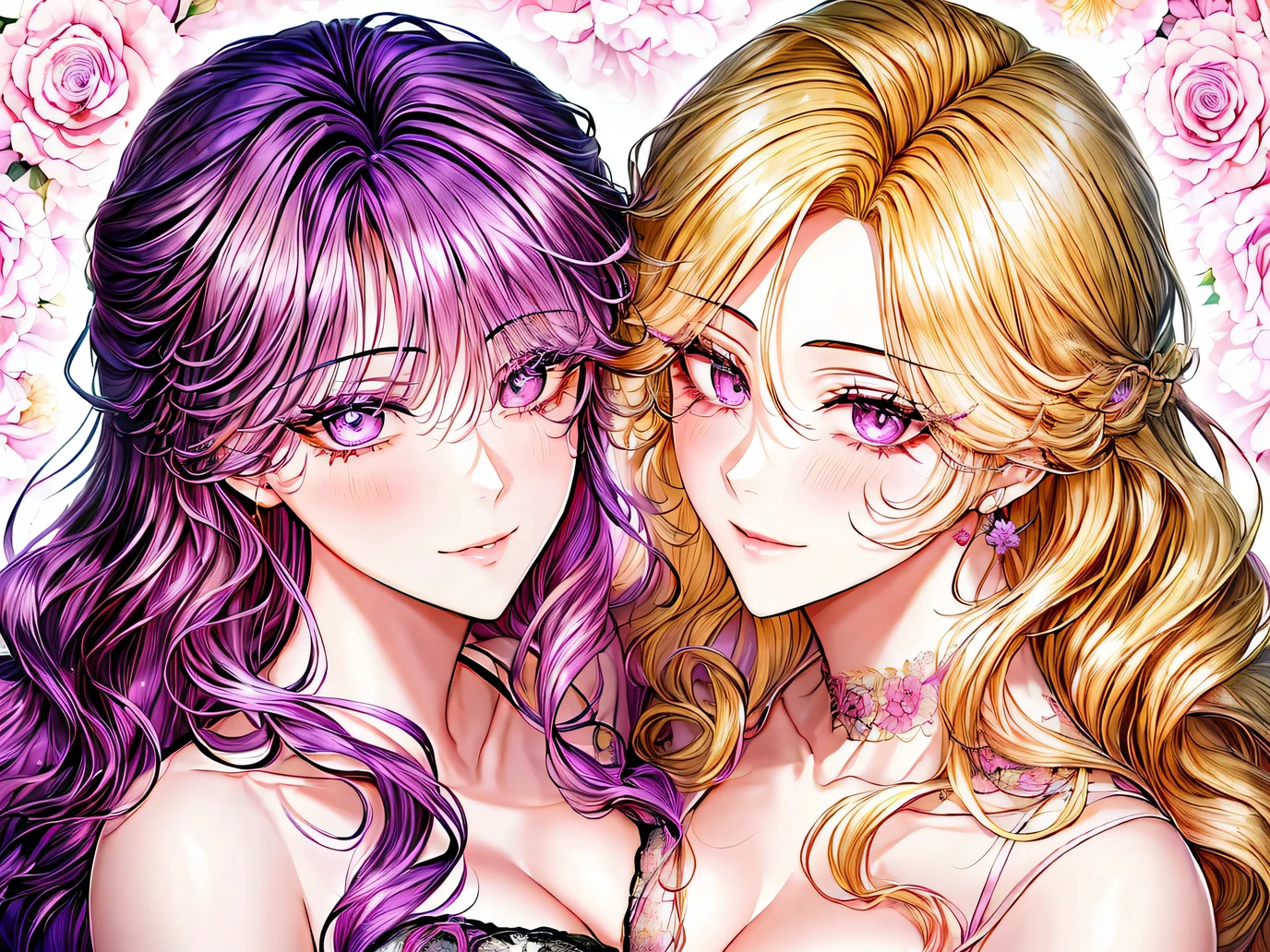 black plum_1024, ((shoujo-style, Floral background, Romance Manfa)), (close up), (2girls:1.2), Purple hair, Blonde hair, a couple, Long hair, flower, Dress, Thick eyebrow, purple flower, Wavy Hair, Closed mouth, 鎖骨, cleavage, Smile, Face Focus, Beautiful face, Detailed eyes,