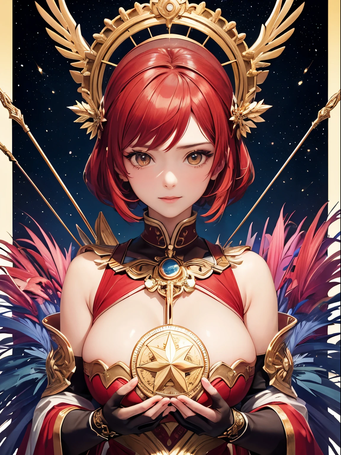 Realistic, (masutepiece, of the highest quality, Best Quality, Official art, Beautiful and aesthetic: 1.2), Very detailed, Fractal Art, Colorful, best detailed, Sagittarius, (Abstract background: 1.5), (1girl in: 1.3), (eagle class),Red hair, Bright eyes, earnest, Combed bag, Short hair, Milky way, huge magical gold Sagittarius astrolabe, dream, Fantasy, gold trim,Beautiful detailed sky, Style and Decoration for Sagittarius, Goddess of Sagittarius, (NSFW:0.8), Delicate meat and high glass guardrail board、the bow、Glowing arrows、Shooting an arrow