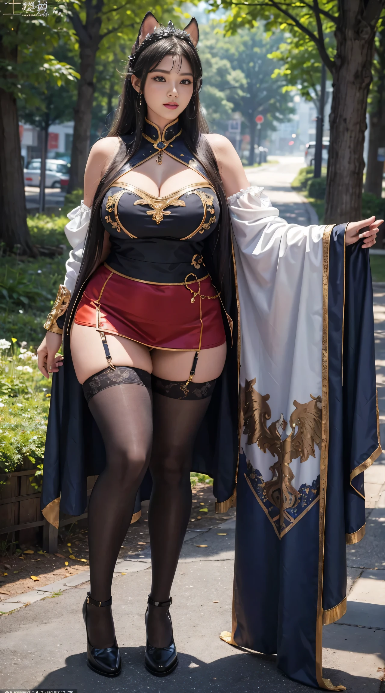 独奏,1 Orcs, Super tall,The temperament of a queen,tmasterpiece,best qualityer,Hyper-detailing,Full body illustration,Fine and detailed eyes and detailed face) garments:There are animal ears,Mature female orcs,cruel grin,There are clothes on the upper body,Wrap the whole body,The lower body is wearing animal skin shorts,Pantyhose, Show stockings,allure:Tall,Plump body,Wide buttock,Large,Strong,There are muscles,Very high,Go ahead,(big assa:1.3),(thick thight:1.3),Taller than a tree,Clouduilding, red clothes