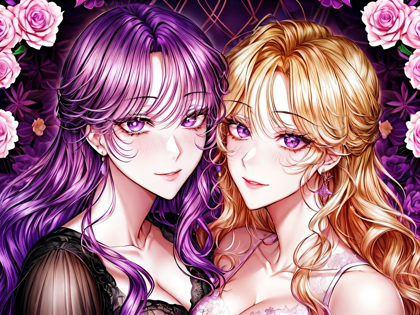 black plum_1024, ((shoujo-style, Floral background, Romance Manfa)), (close up), (2girls:1.2), Purple hair, Blonde hair, a couple, Long hair, flower, Dress, Thick eyebrow, purple flower, Wavy Hair, Closed mouth, 鎖骨, cleavage, Smile, Face Focus, Beautiful face, Detailed eyes,