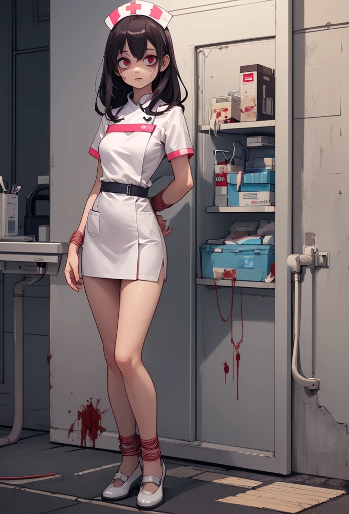 (Detailed illustrations,Very detailed and detailed drawing,Delicate lines with slow and rapid,Realistic texture expression),[Color tressed main line],Inorganic concrete room[Night Hospital],(Japan adult female[28 year old](Zombie Nurse))Hair put together [SKINNY((Small breasts))][pale skin](sickly look),[[bandaged]Bondage Fashion],[Return blood],(Fine and beautiful skin expression [Transparency]),[Meticulously drawn hair],(完璧な手のdetaileds [Beautiful fingers without breakdowns [Beautiful nails]]),(Perfect Anatomy(Perfectly proportioned))[[Full body like]],[Ideal color coordination(Accurate simulation of light-material interactions)],([Precision Detail](detaileds,high-detail)),[[Pale and gentle colors]][Visual art that conveys a sense of narrative] [[Eros in the Natural Body]].