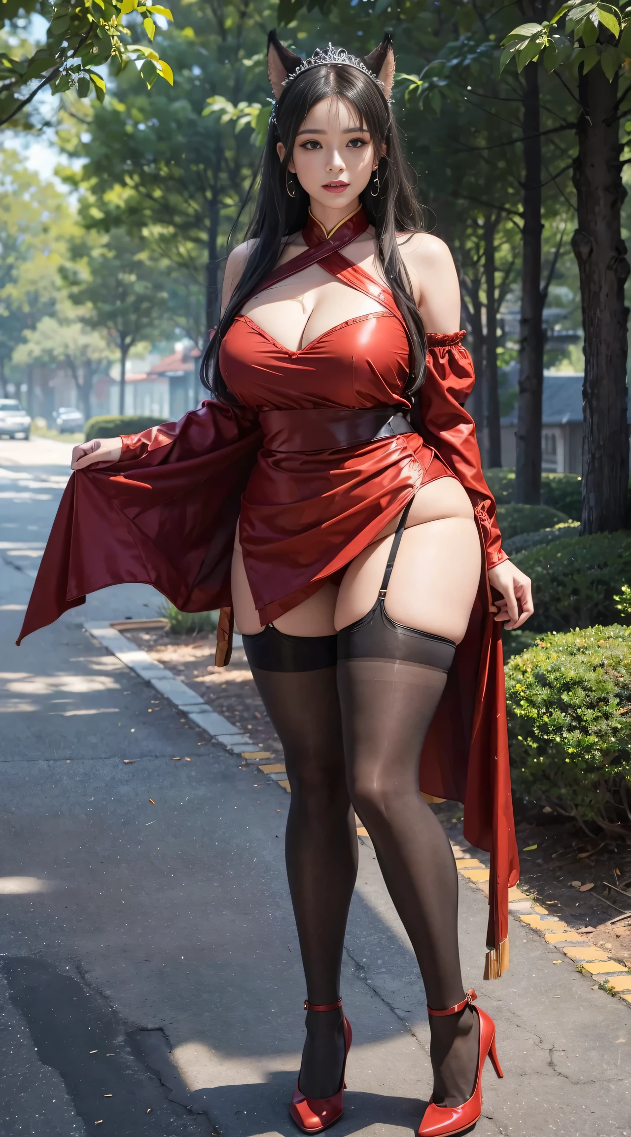 独奏，1 Orcs， Super tall，The temperament of a queen，tmasterpiece，best qualityer，Hyper-detailing，Full body illustration，Fine and detailed eyes and detailed face） garments：There are animal ears，Mature female orcs，cruel grin，There are clothes on the upper body，Wrap the whole body，The lower body is wearing animal skin shorts，Pantyhose， Show stockings，allure：Tall，Plump body，Wide buttock，Large，Strong，There are muscles，Very high，Go ahead，（big assa：1.3），（thick thight：1.3），Taller than a tree，Clouduilding, red clothes
