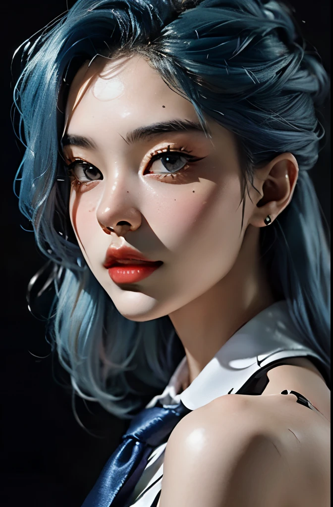 ((best quality)), ((masterpiece)), (detailed),hotorealistic:1.4, UHD, (top-quality, 8K, masterpiece:1.3 ,Full portrait of woman ,blue hair color, Tie hair on both sides